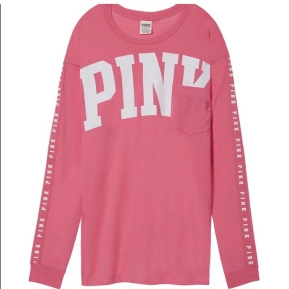 VS Pink Logo Ling Sleeve Crewneck T Shirt | XS